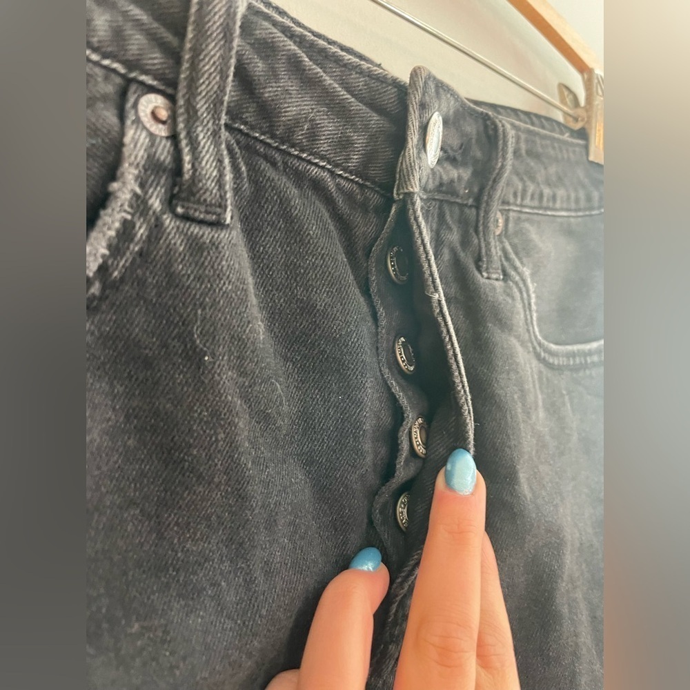 American Eagle Black Mini Jean Skirt Distressed Button-Fly - Picture 2 of 5